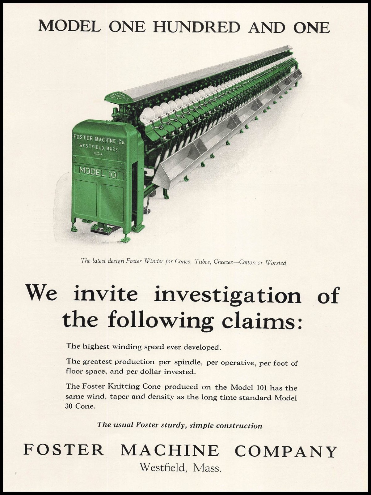 1926 Foster Machine Co. Westfield Massachusetts Model 101 Cone Winder Print Ad