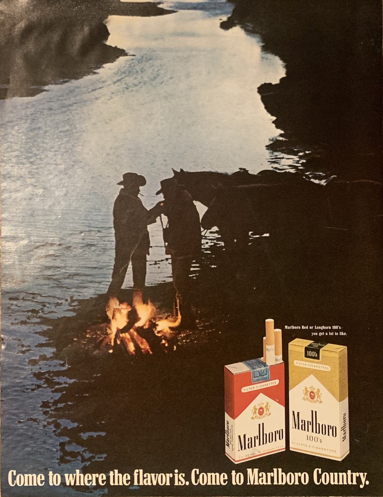 1970 Marlboro Cigarettes Cowboy Men PRINT AD Silhouette – Campfire Horse VTG 70s