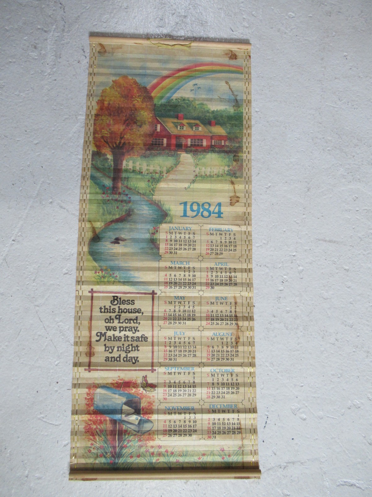 Vintage Bamboo Calendar Scroll Roll Up Wall Decor 1984