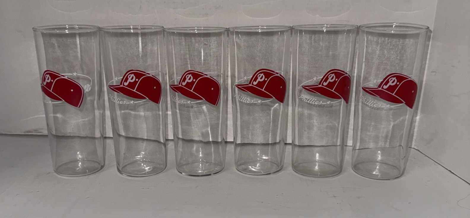 Set 6 VTG Phillies Glass Beer Wiz Kids Logo Hat Highball Tumbler Barware 1970s