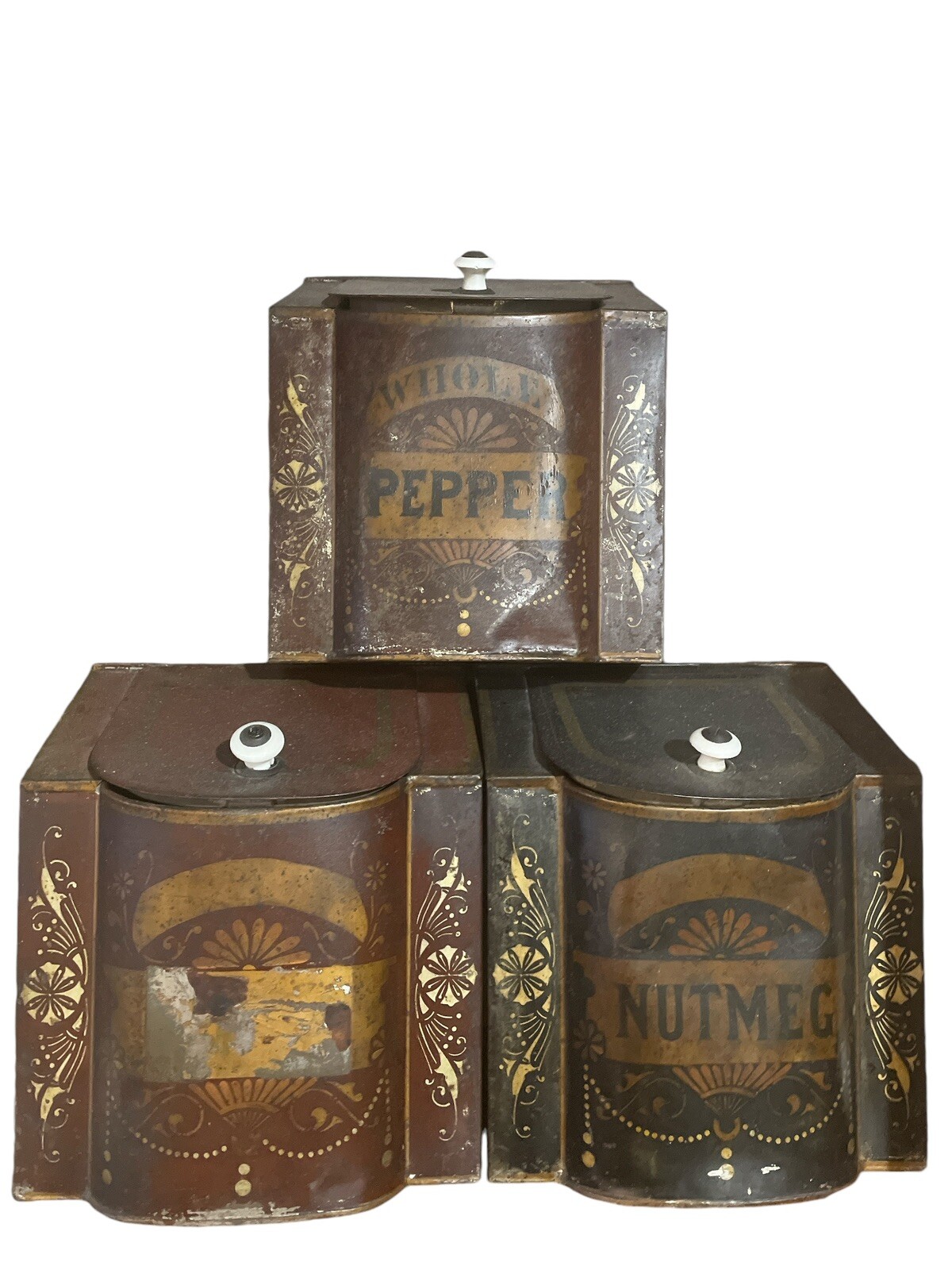 Lot Of 1890s Retail Grocer Tin Litho Tole Paint Large Spice Bins Porcelain Knobs