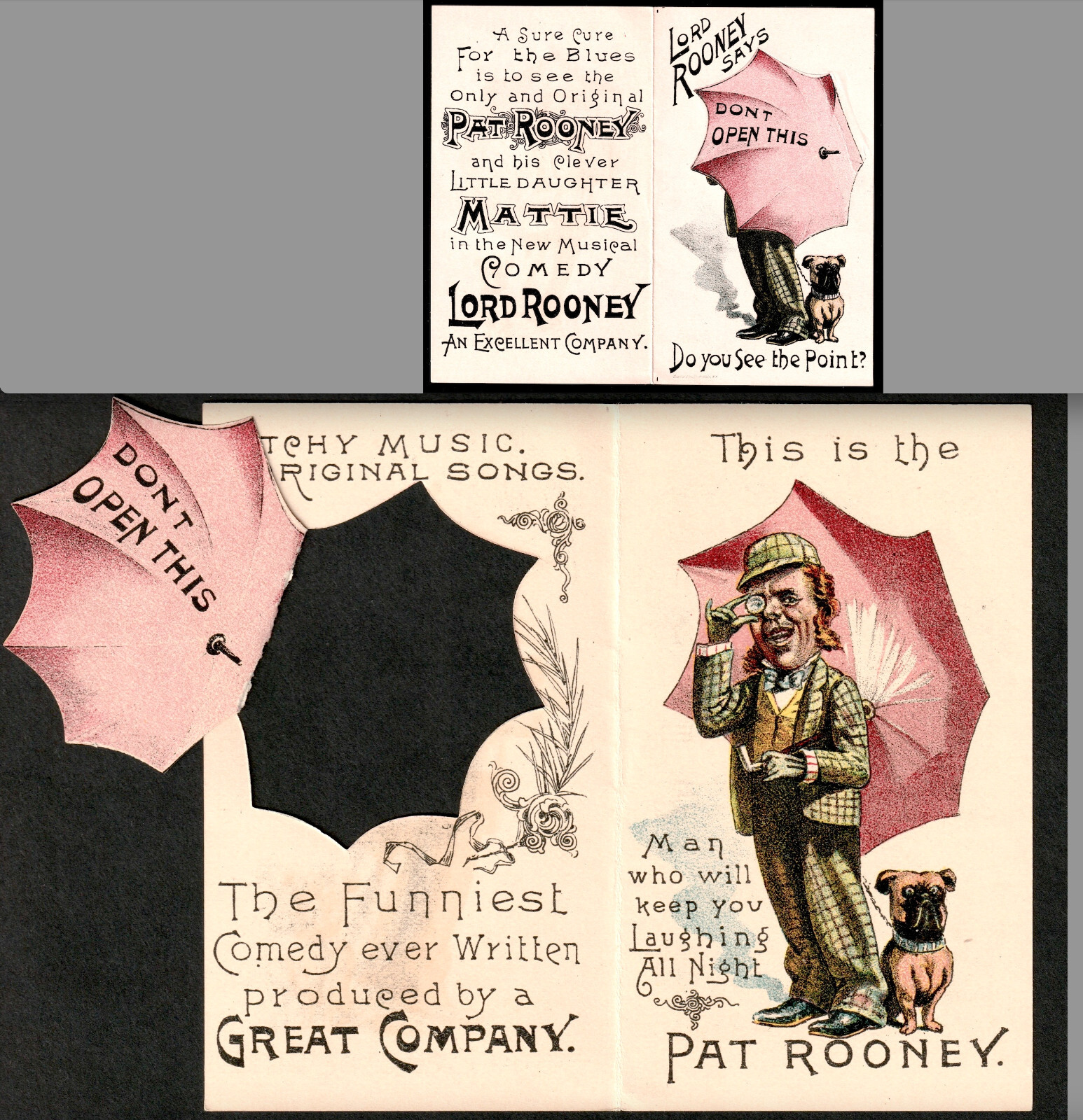 1800’s Lord Pat Rooney (Mickey Rooney) Folding Die-Cut Comedy Theater Trade Card