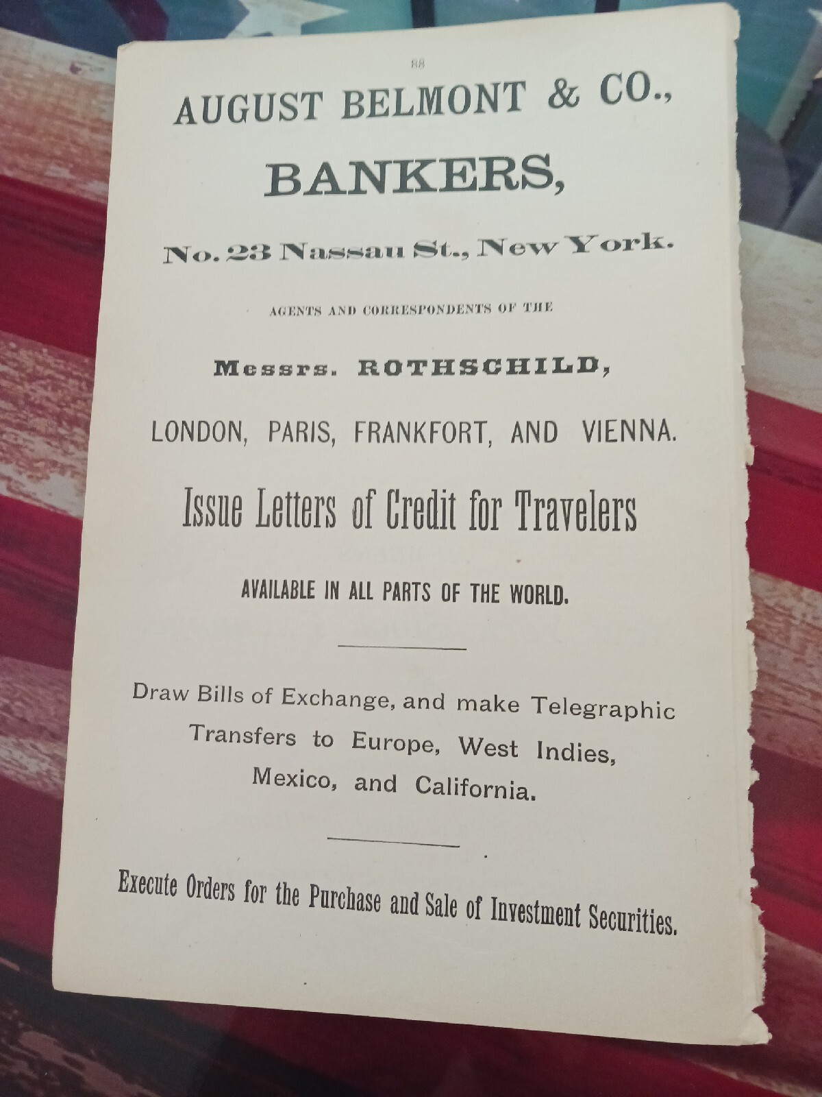 ☆1898 Orginal Print Ad AUGUST BELMONT & COMPANY BANKERS Nassau St New York City