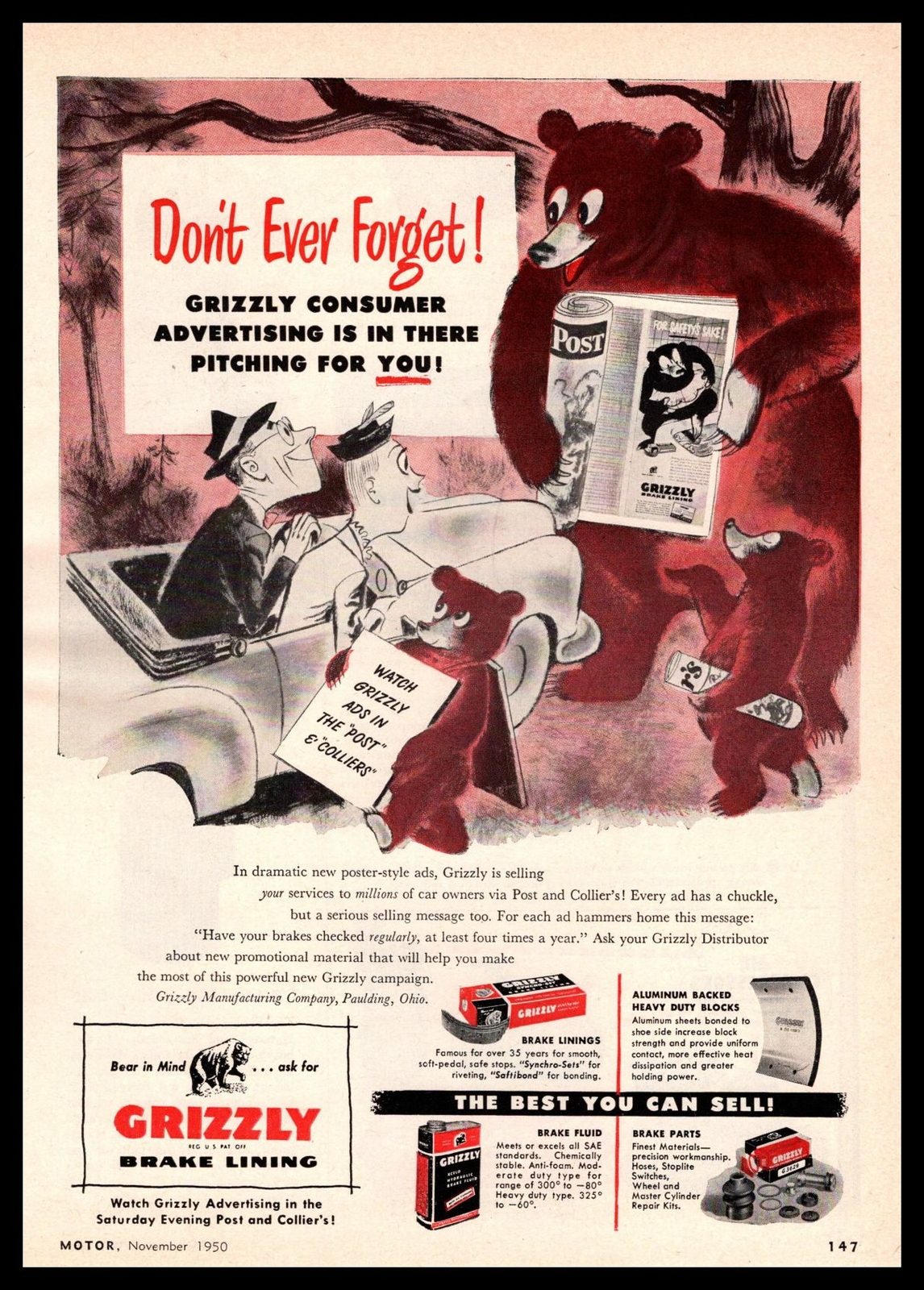 1950 Grizzly Brake Linings Paulding Ohio Bear Family And Car Motorists Print Ad