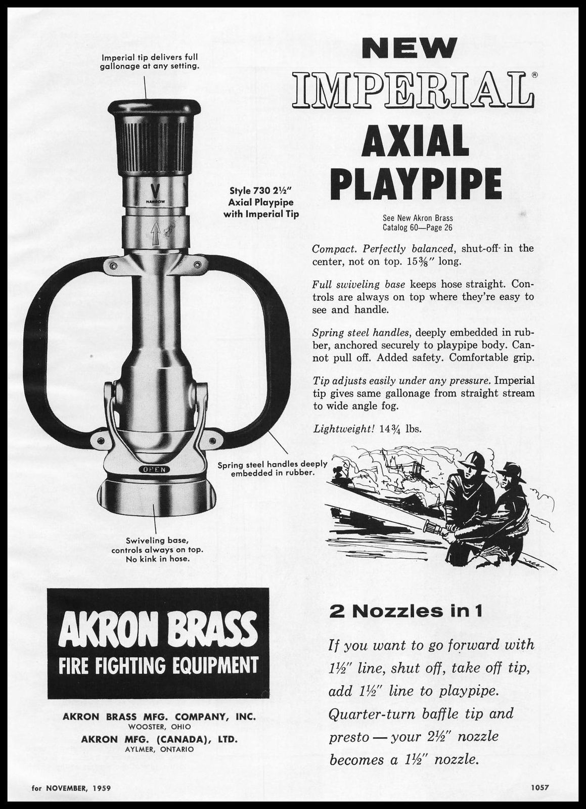 1959 Akron Brass Fire Equipment Wooster Ohio Imperial Axial Playpipes Print Ad