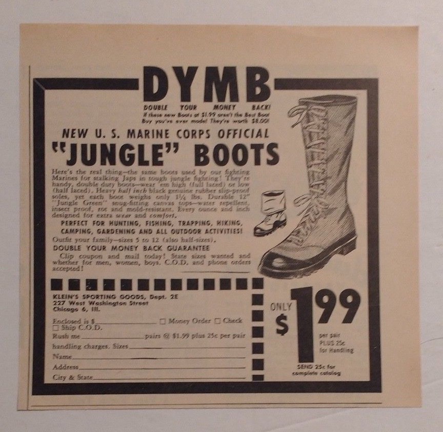 1948 U.S. Marine Corps Jungle Boots Advertisement Klein’s Sporting Goods Chicago