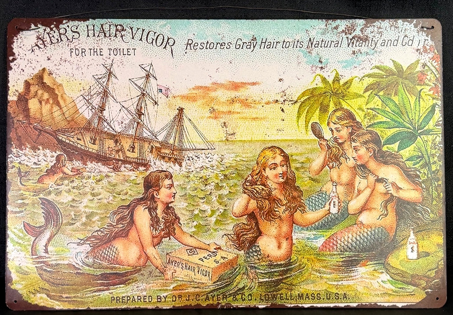 Tin Metal Sign Reproduction AYER’s HAIR VIGOR Lowell MA Mermaids 17 5/8″L