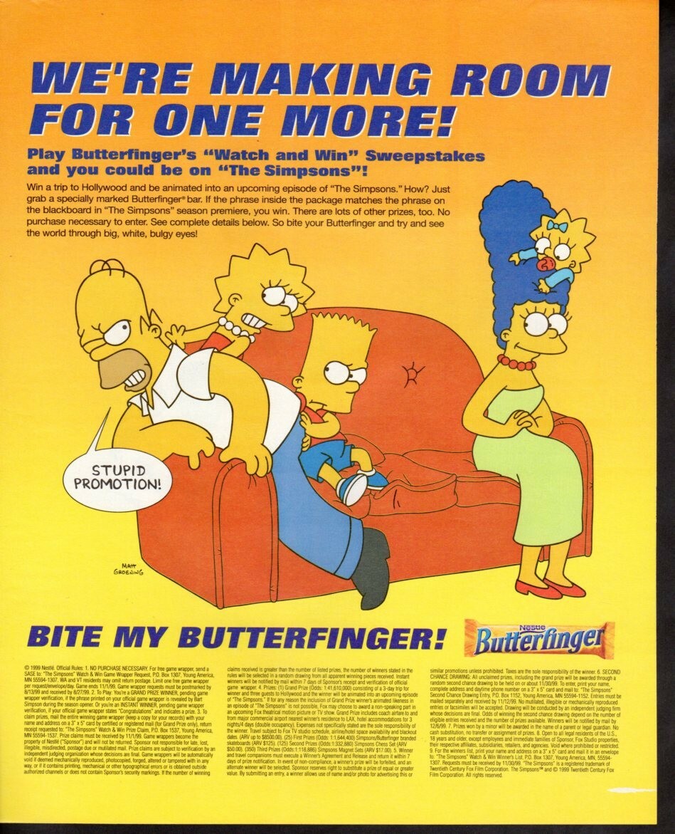 Vintage print ad advertisement Candy Nestle Butterfinger Simpson Watch and Win