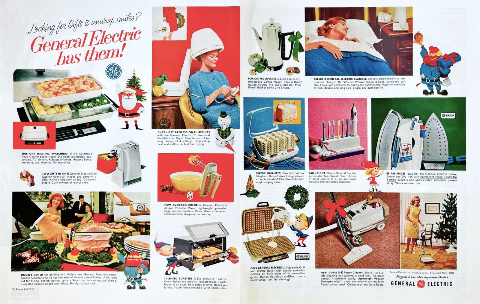 General Electric GE Christmas Gifts Waffle Iron Hair Dryer Vtg Magazine Print Ad
