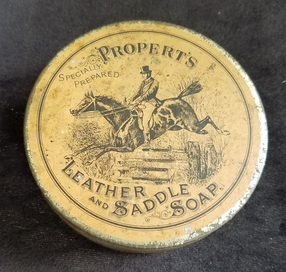 Old Advertising Tin Propert’s Leather & Saddle Soap Horse Jumping Equestrian