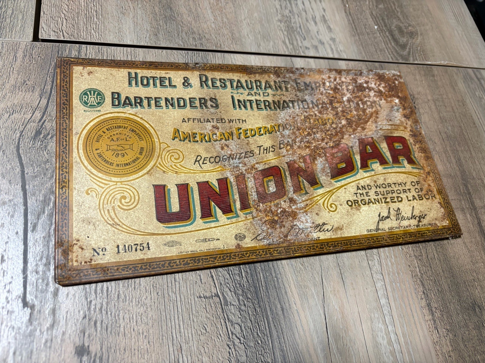 Vintage 1940’s BAR Bartenders Hotel Restaurant AFL Union Tin Sign Advertising