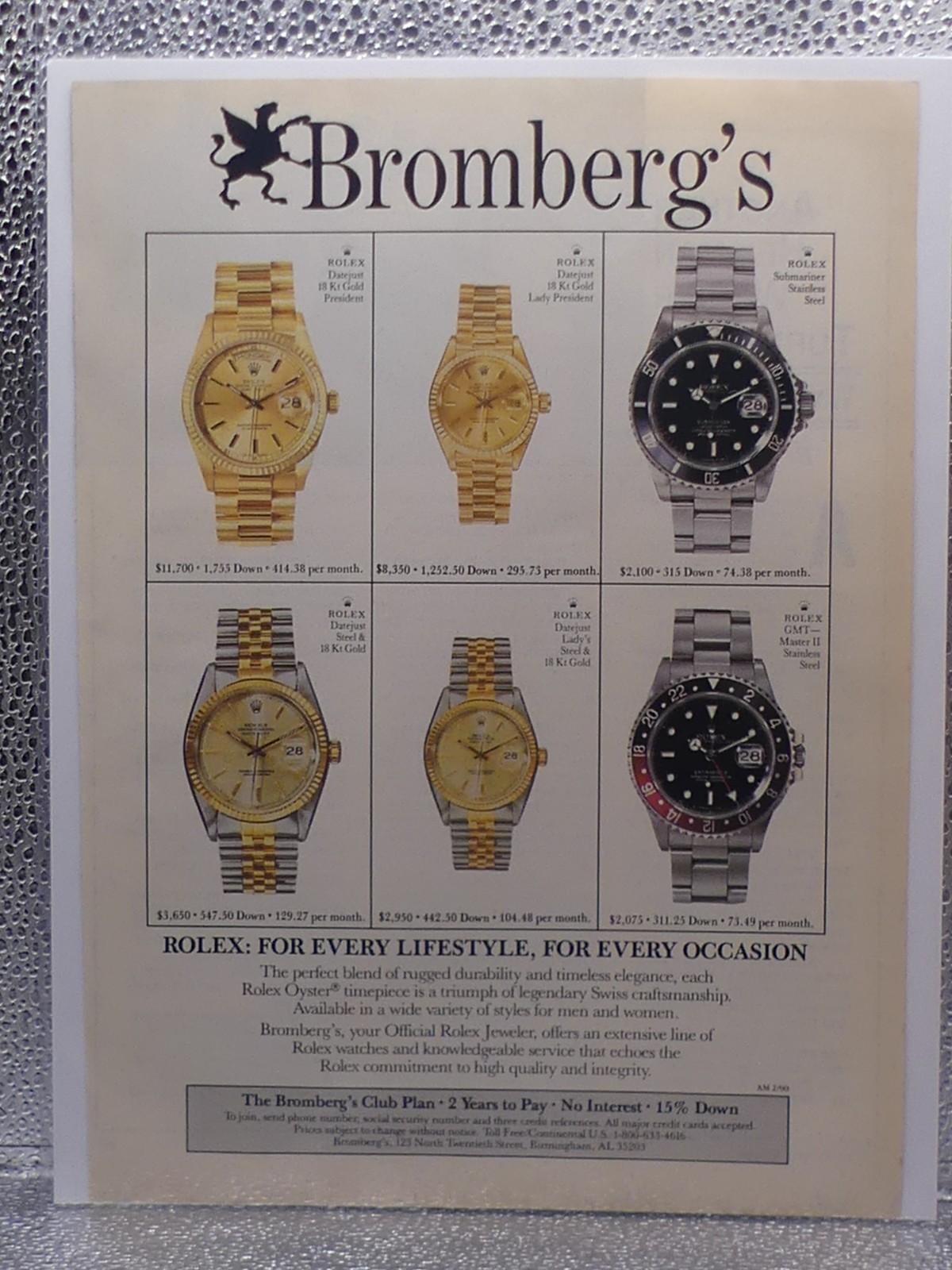 VTG Bromberg’s Club Rolex Watches Magazine 1990 Print Advertising Full Page Ad