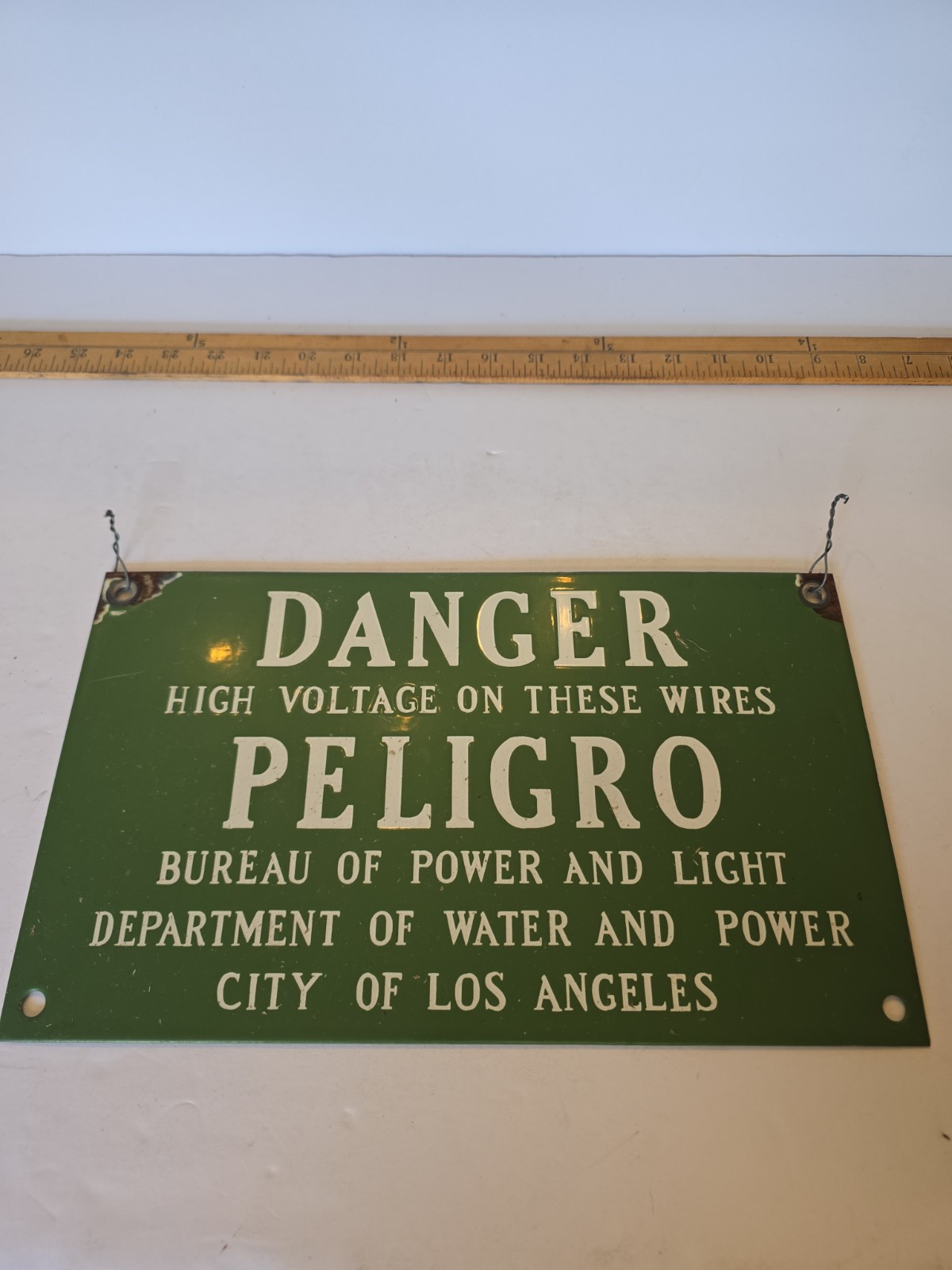 Vintage LA Bureau of Power & Light Porcelain Sign High Voltage Danger Peligro J5