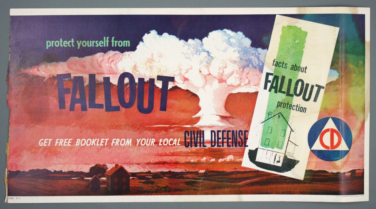 Original Vintage Cold War Era Fallout Poster/Window Card, Civil Defense, 1958