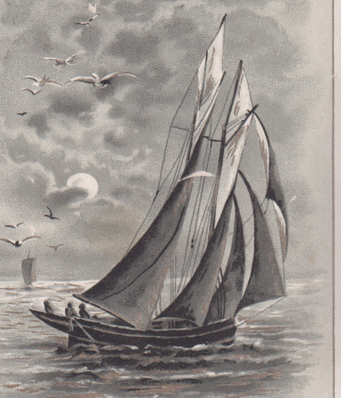 MOKASKA COFFEE TRADE CARD, NIGHT SAILING IN A SAILBOAT from ST JOSEPH MO *238*