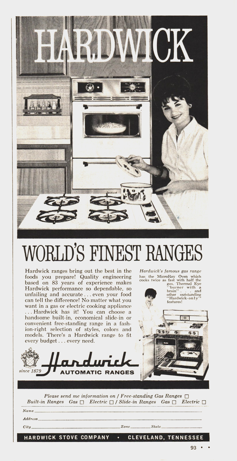 Hardwick Stove Co. Ranges MicroRay Oven Cleveland TN Woman Kitchen 1960s Ad 436
