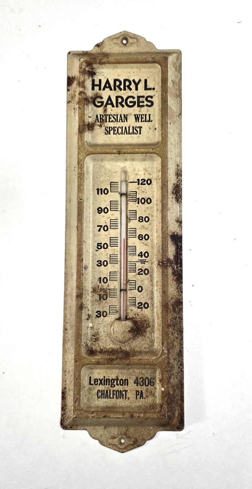 Harry L. Garges Artesian Well Specialist 13 in. Metal Thermometer Advertising