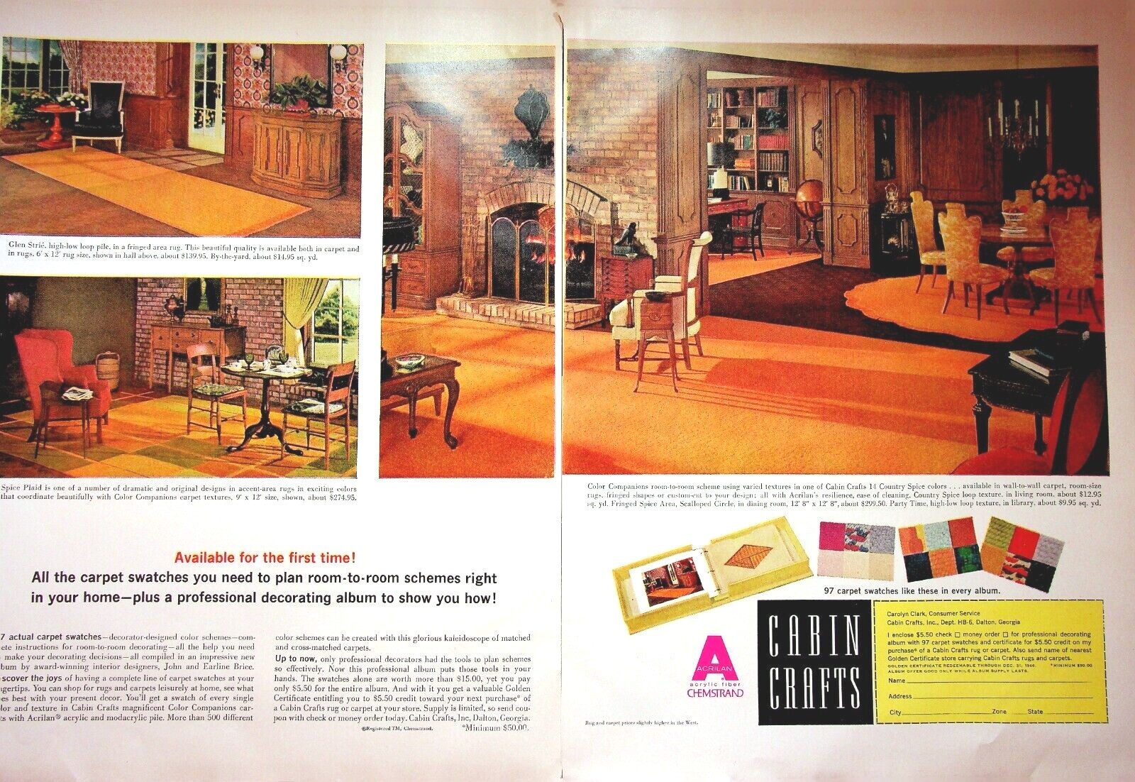 Cabin Crafts Carpet, 1963 House Beautiful VTG 2 Pg Print Ad, Room to Room Scheme