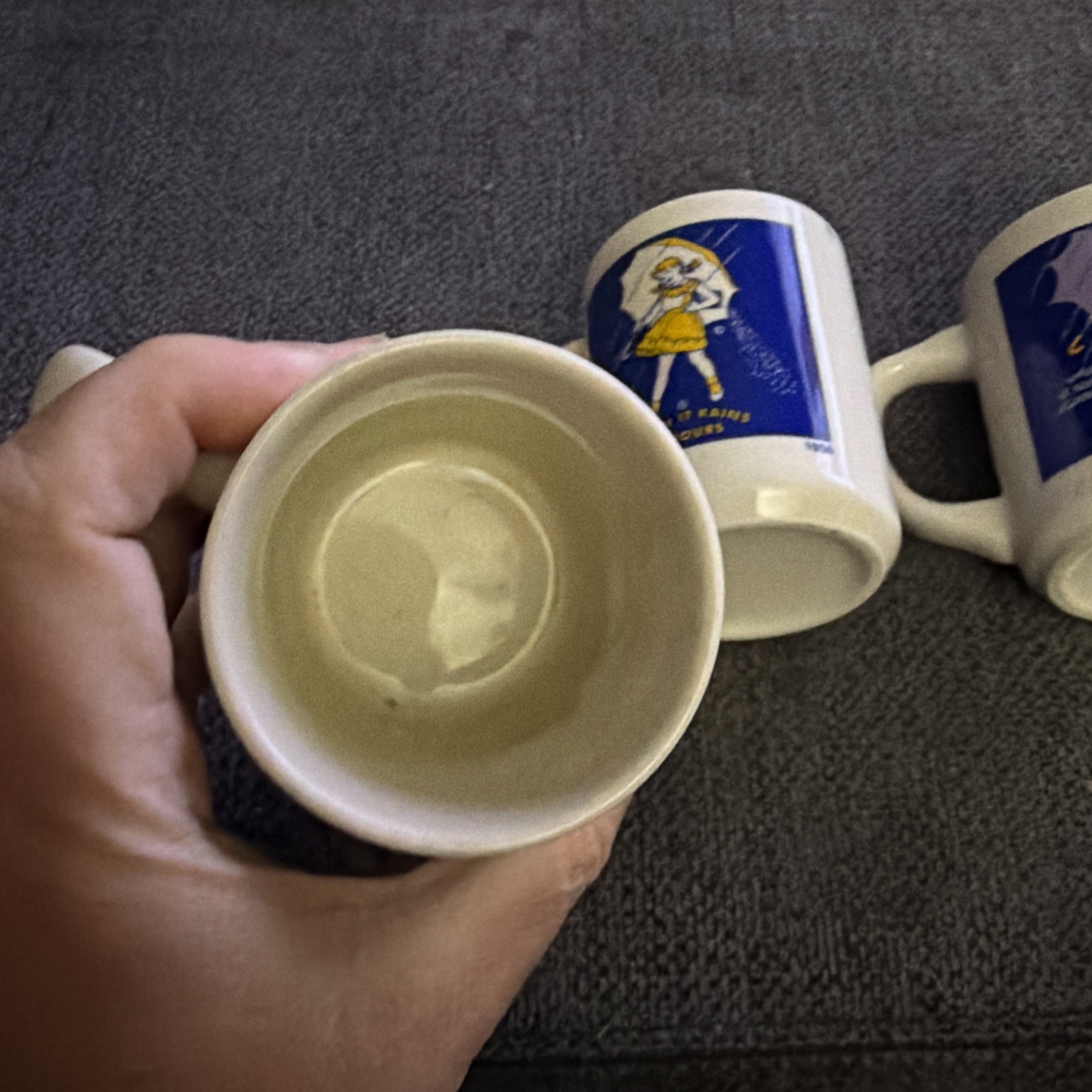 Vintage Morton Salt 3 Coffee Mugs”When It Rains It Pours”