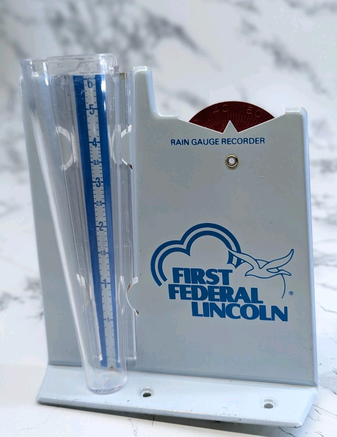 First Federal Lincoln Bank Rain Gauge Recorder Metal & Plastic Advertising