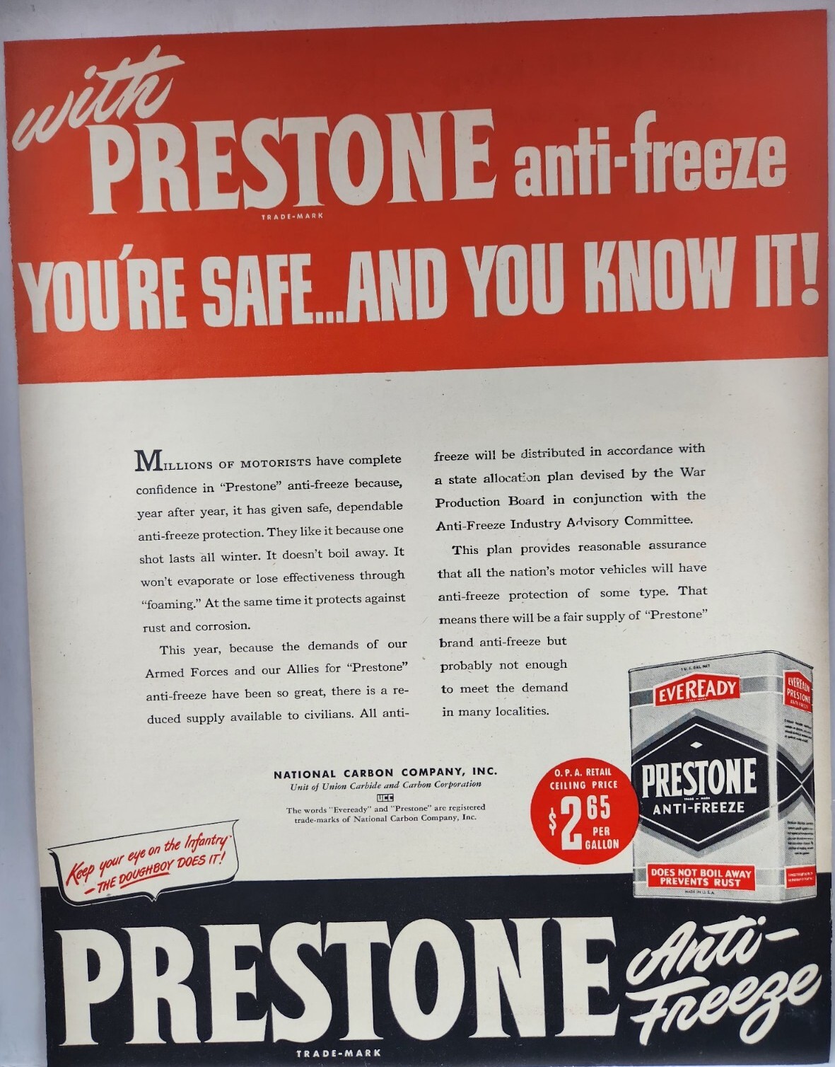 1944 Prestone Anti Freeze Eveready Union Carbide Original Print Ad Life Magazine