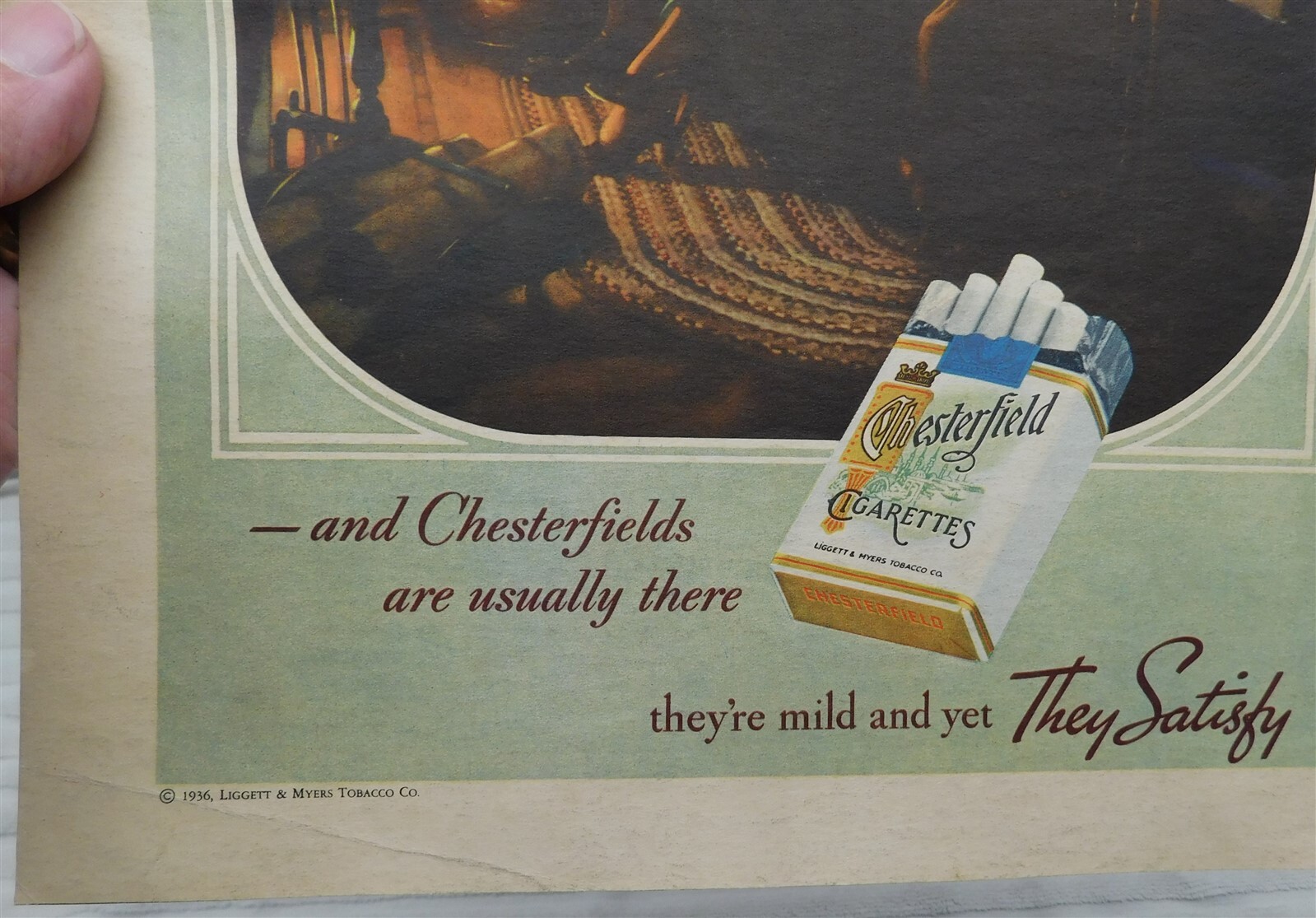 Vintage 1936 Chesterfield Cigarettes Advertising Print Add They Satisfy