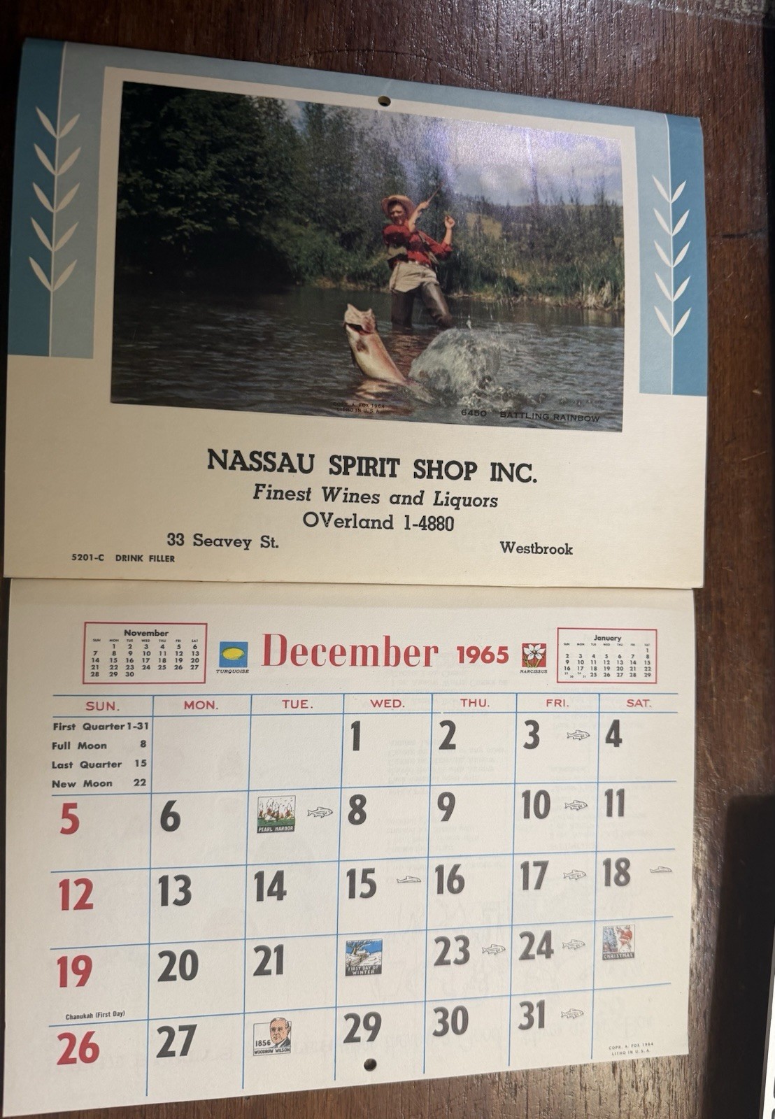Vintage Advertising Calendar January 1966. (Nassau Spirt Shop)