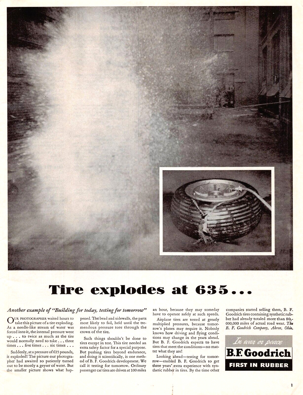 BF Goodrich First In Rubber Testing For Tomorrow Explodes Vtg Magazine Print Ad