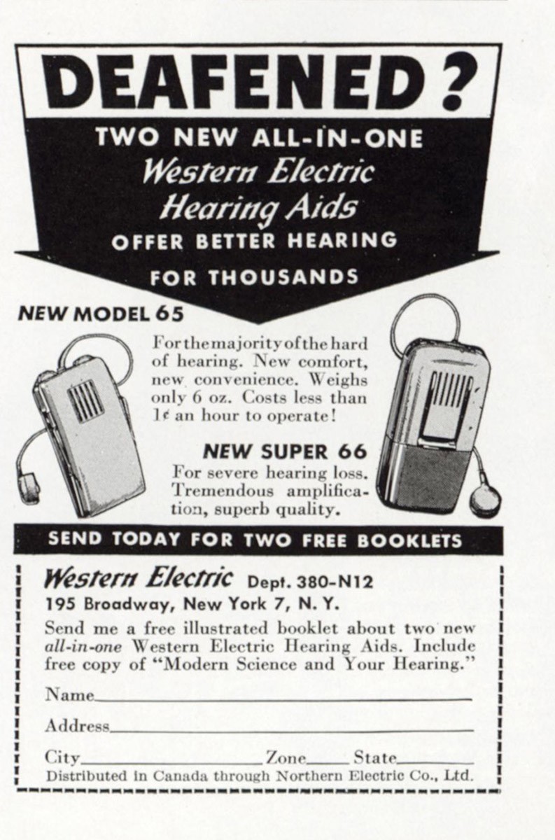 1947 Western Electric Hearing Aid: Deafened Vintage Print Ad