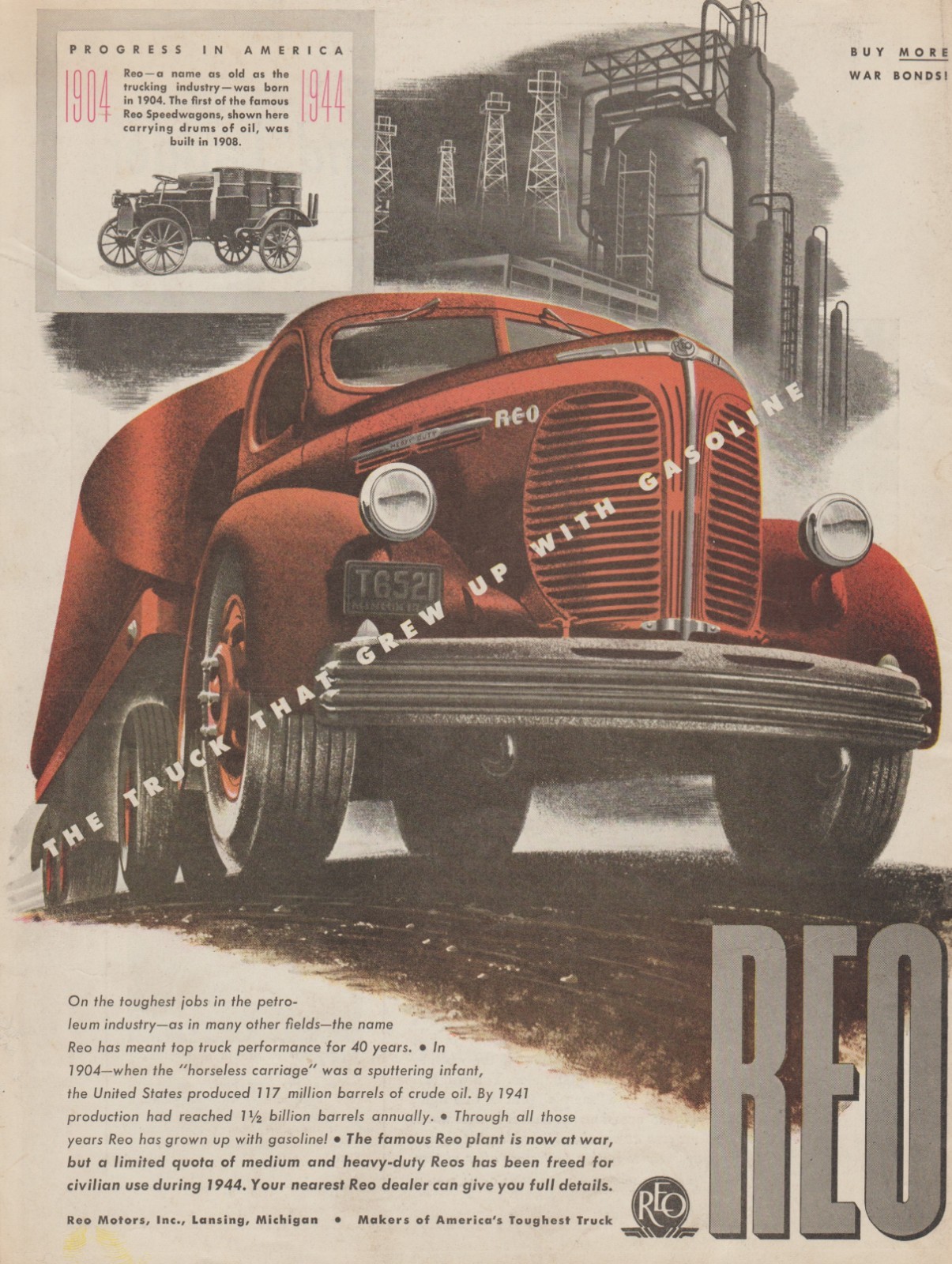 1944 REO Motors Inc. – Heavy Gas Tanker Truck, 1904 Speedwagon – Print Ad Art