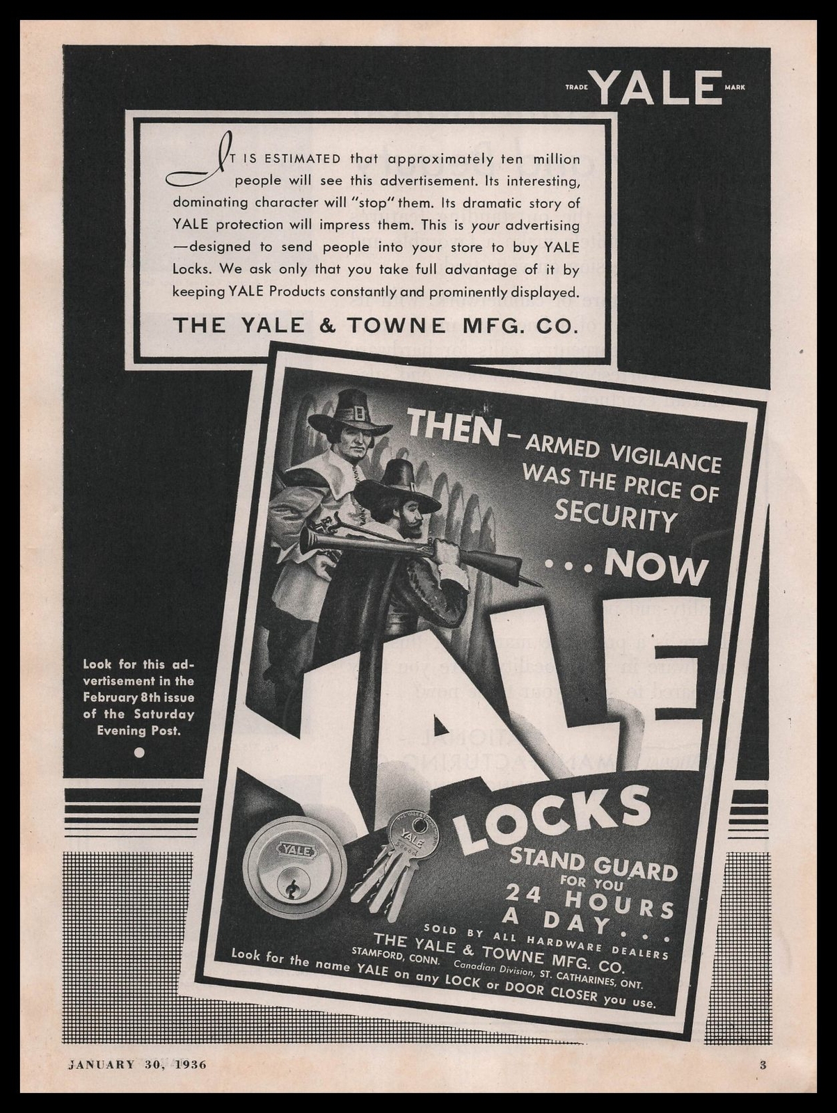 1936 Yale & Towne Co. Locks Stamford Connecticut Thanksgiving Pilgrims Print Ad
