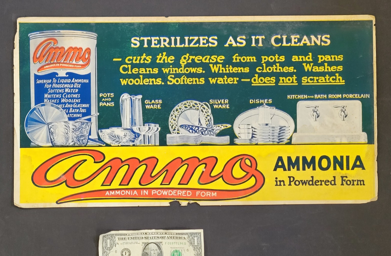 1930s Trolley Sign AMMO Soap Ammonia Detergent vintage Art Deco 11×21″ Cardboard