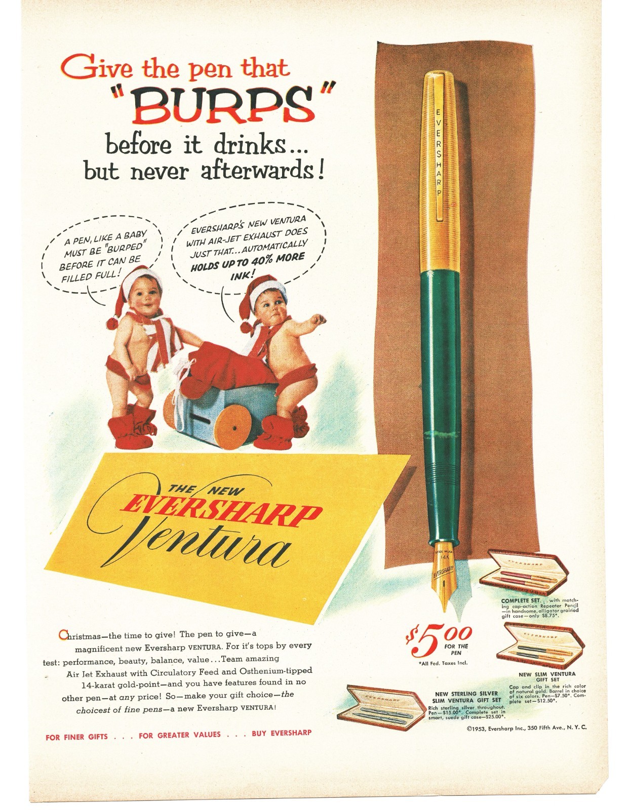 1953 Eversharp Ventura Fountain Pen Vintage Print Ad 14K Gold Nib Christmas Baby