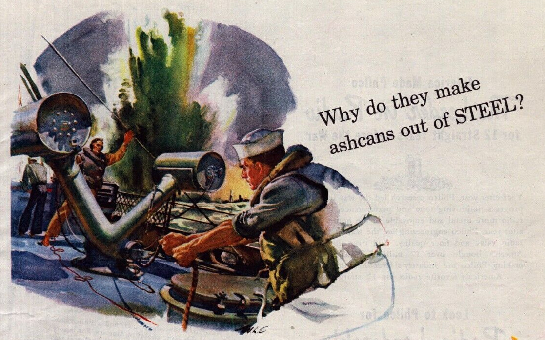 1944 US Steel WWII Print Ad Naval Battle Depth Charges Ashcans Submarines