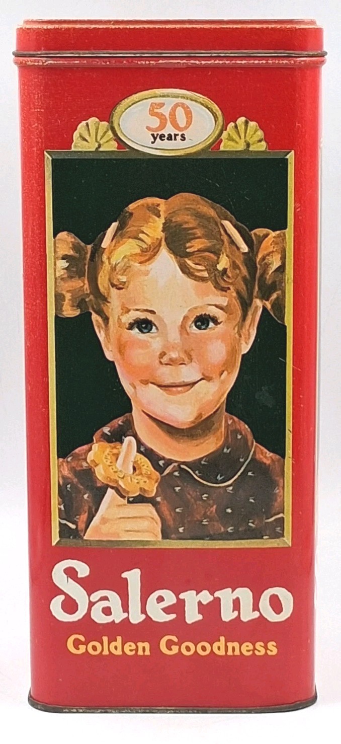 Vintage Promo Salerno Golden Goodness 50 Years Metal Cookie Cracker Tin Reusable