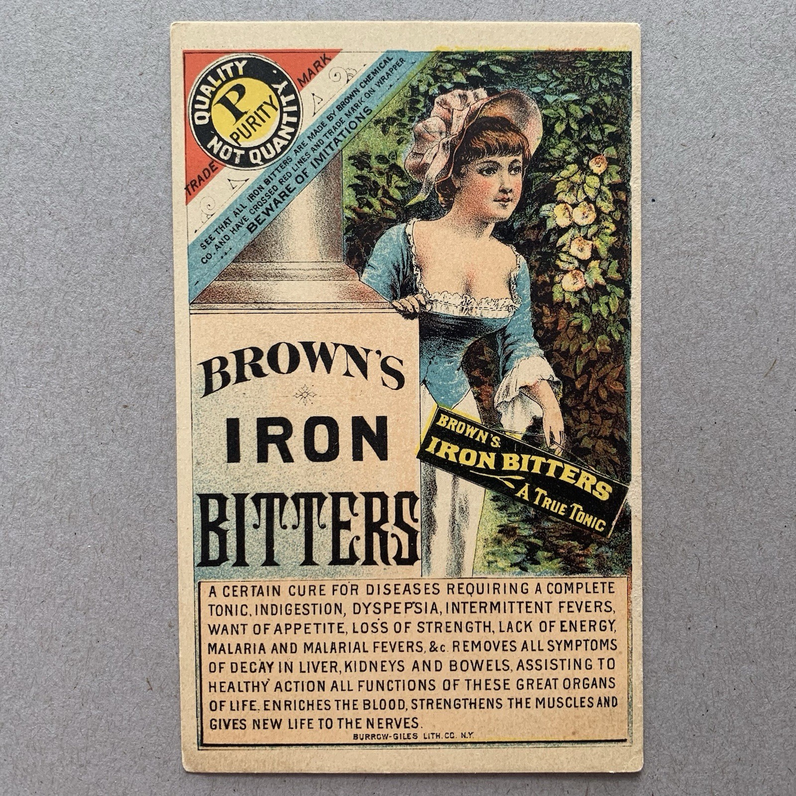 Browns Iron Bitters J O Horton Whitesville NY Tonic Medicine Lady Bonnet Card
