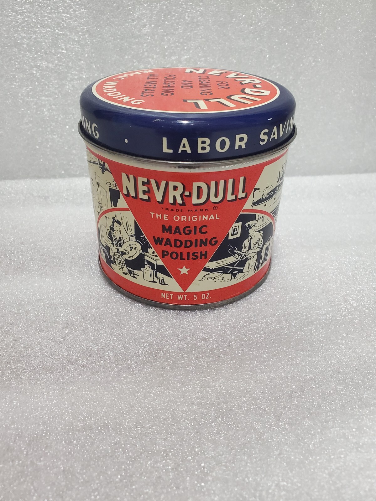 1950’s old NEVER DULL brass metal copper silver polish can tin jar garage decor