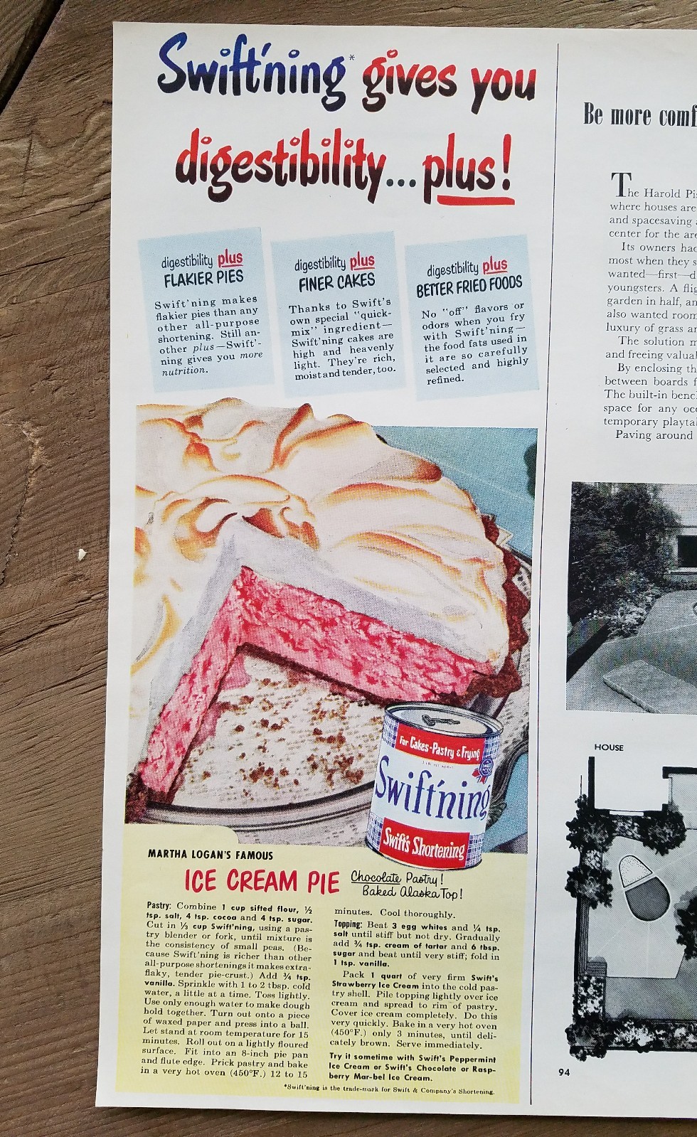 1952 Swift’s Swiftning shortening Martha Logan’s ice cream pie food ad