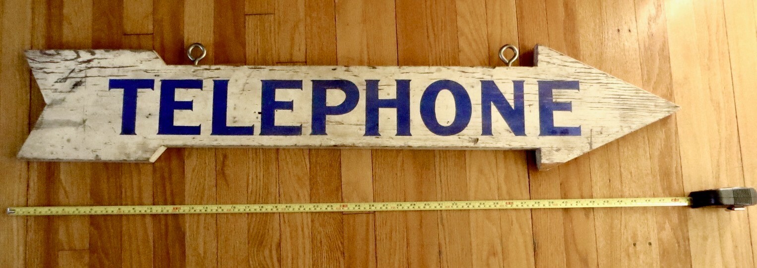 Vintage Hand Made 4′ Wood Arrow Sign Says “Telephone” / 2 Sided / Ready to Hang