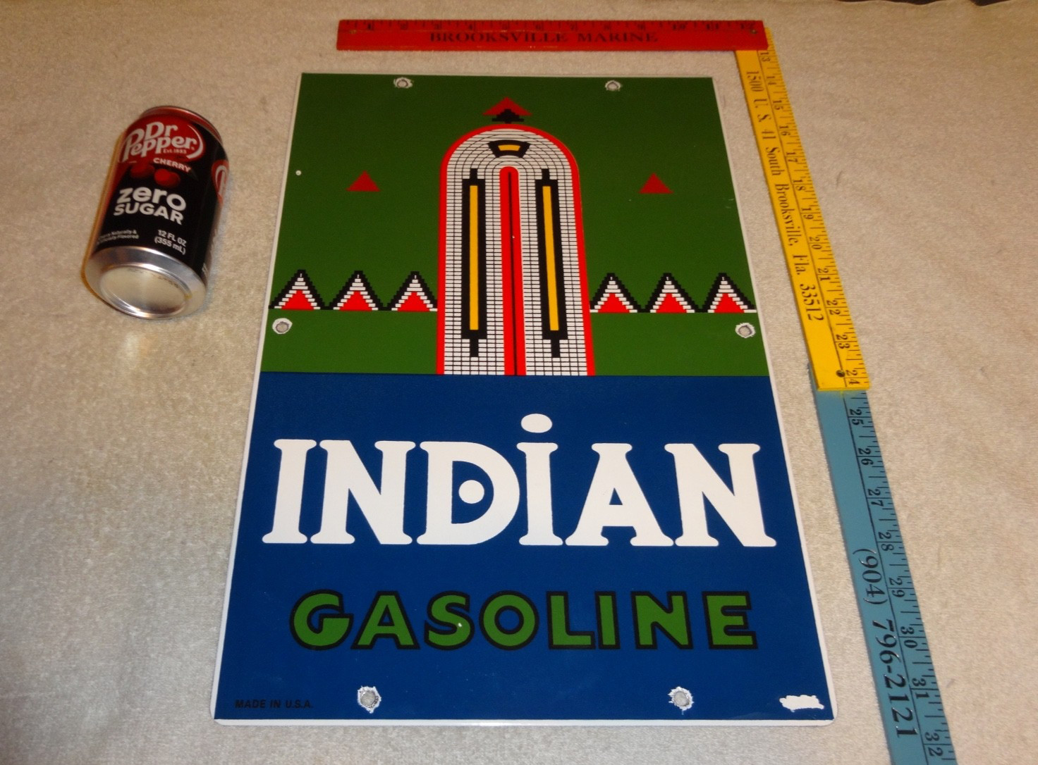 VINTAGE INDIAN GASOLINE 18″ PORCELAIN METAL MOTORCYCLE GAS & OIL PUMP PLATE SIGN
