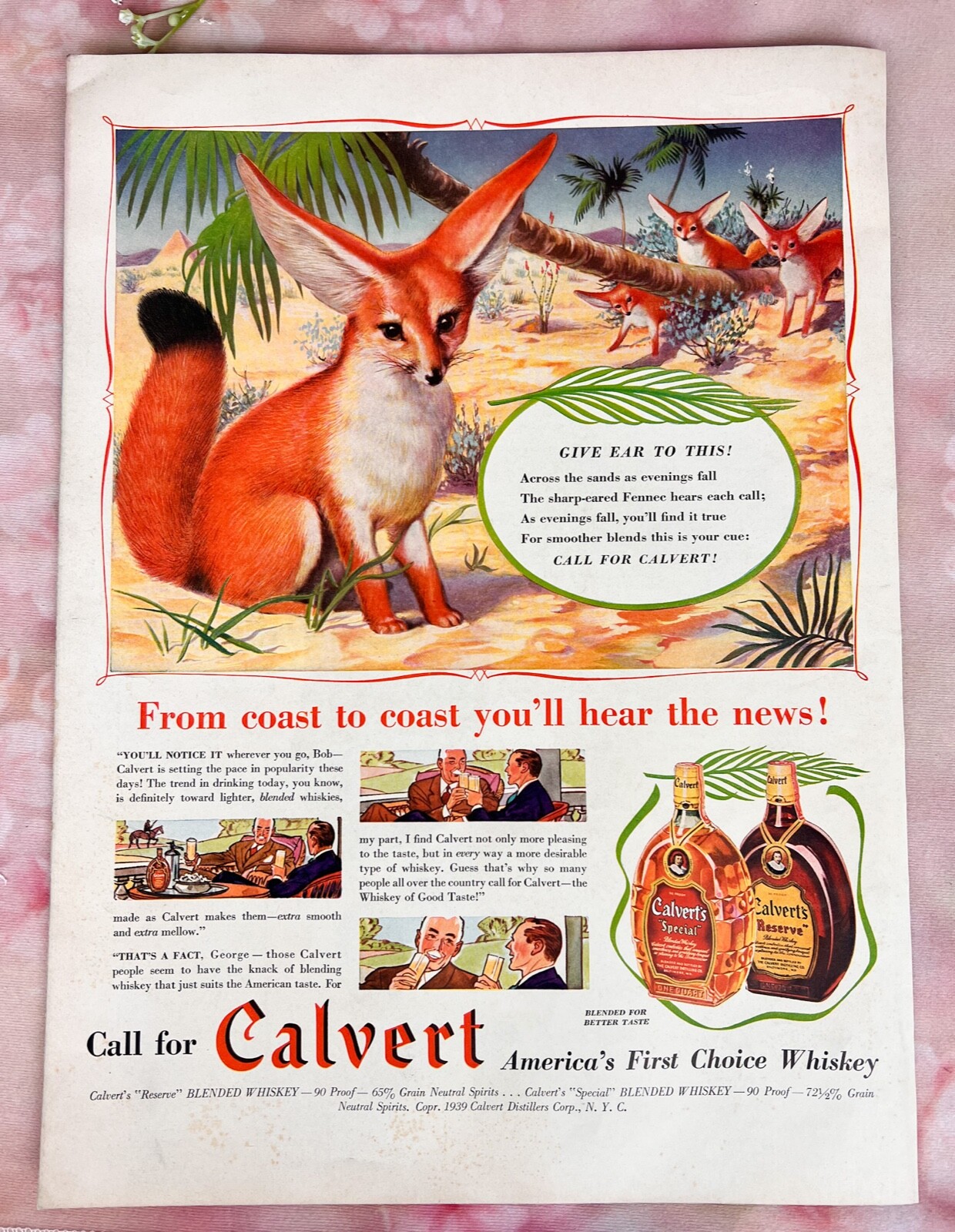 Vtg 1939 LIFE Magazine CALVERT American Whiskey 10×14 Full Color Print Ad