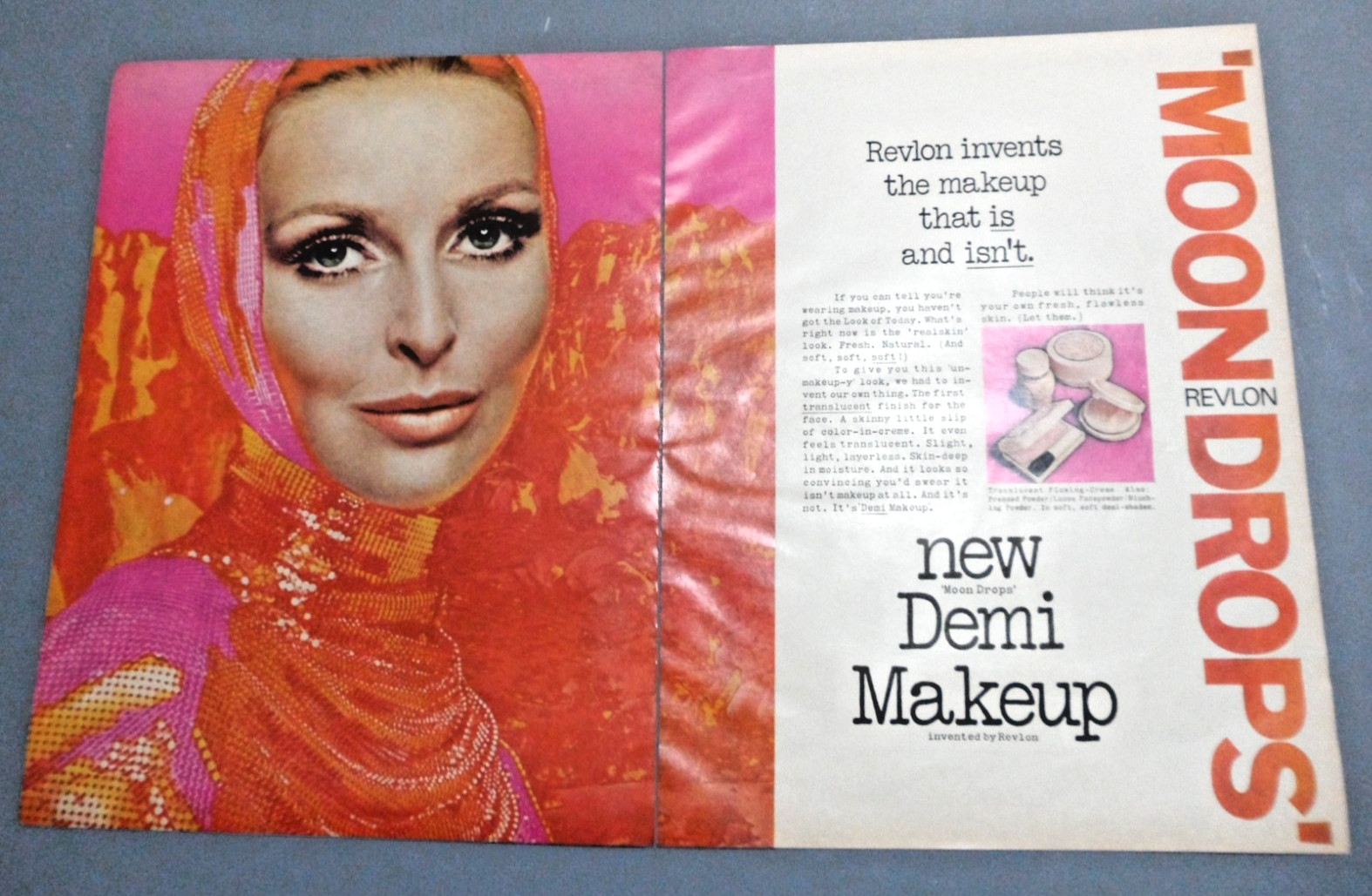 Mod Era Revlon Moon Drops Demi Makeup Dopamine Hot Pink Orange 1969 Print Ad 326