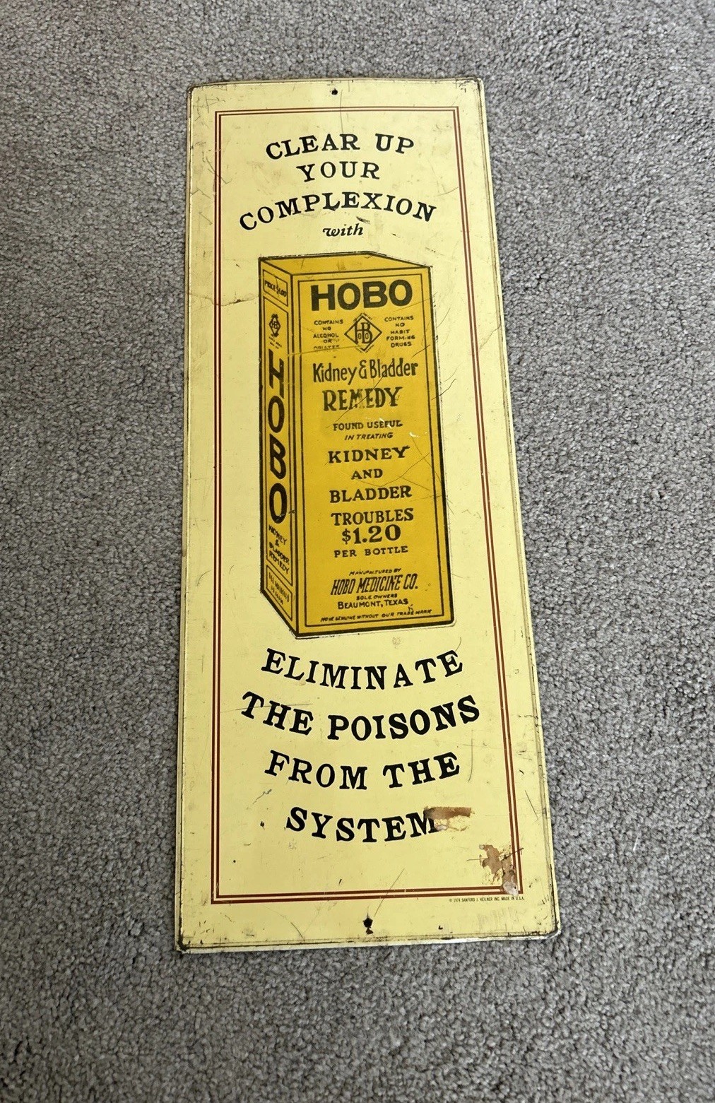 Vintage Hobo Kidney & Bladder Tin Sign 1974 Sanford J. Heilner Inc. 19×7”