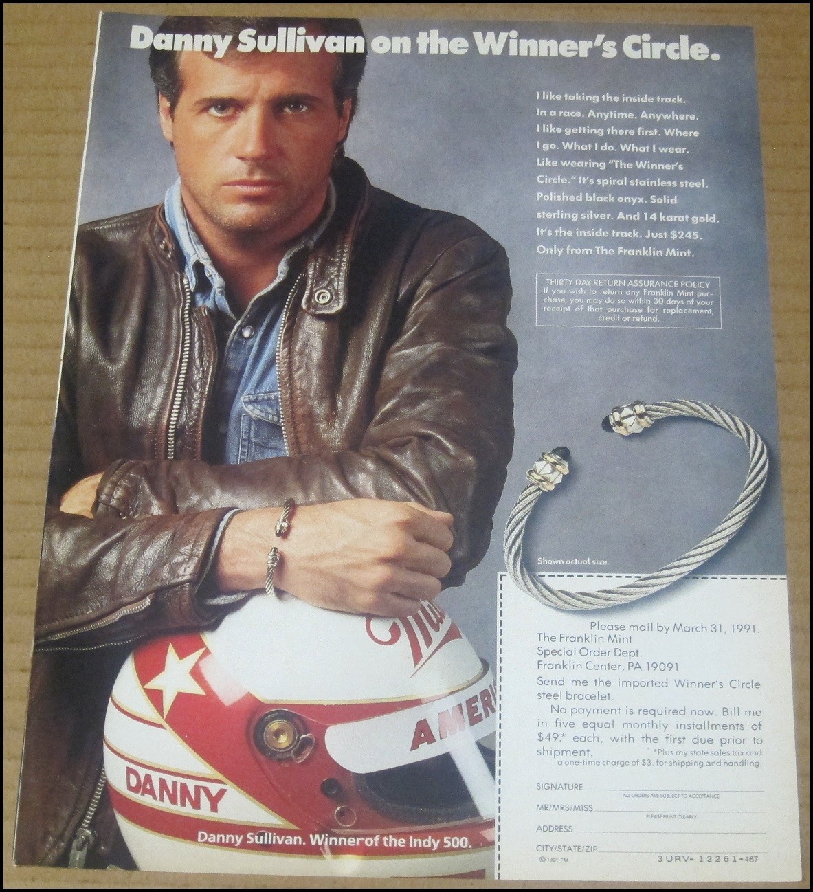 1991 Danny Sullivan The Franklin Mint Bracelet Print Ad Advertisement Vintage