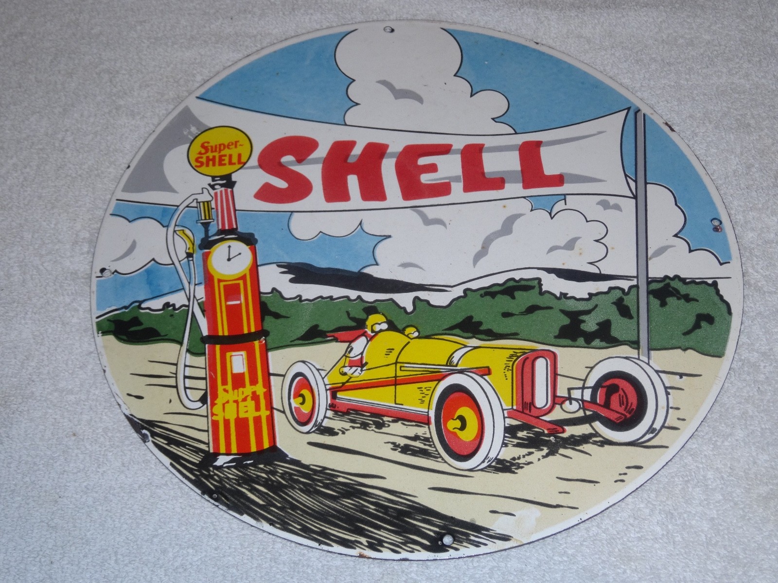 VINTAGE SHELL RACE CAR & VISIBLE GASOLINE PUMP 11 3/4″ PORCELAIN METAL OIL SIGN!