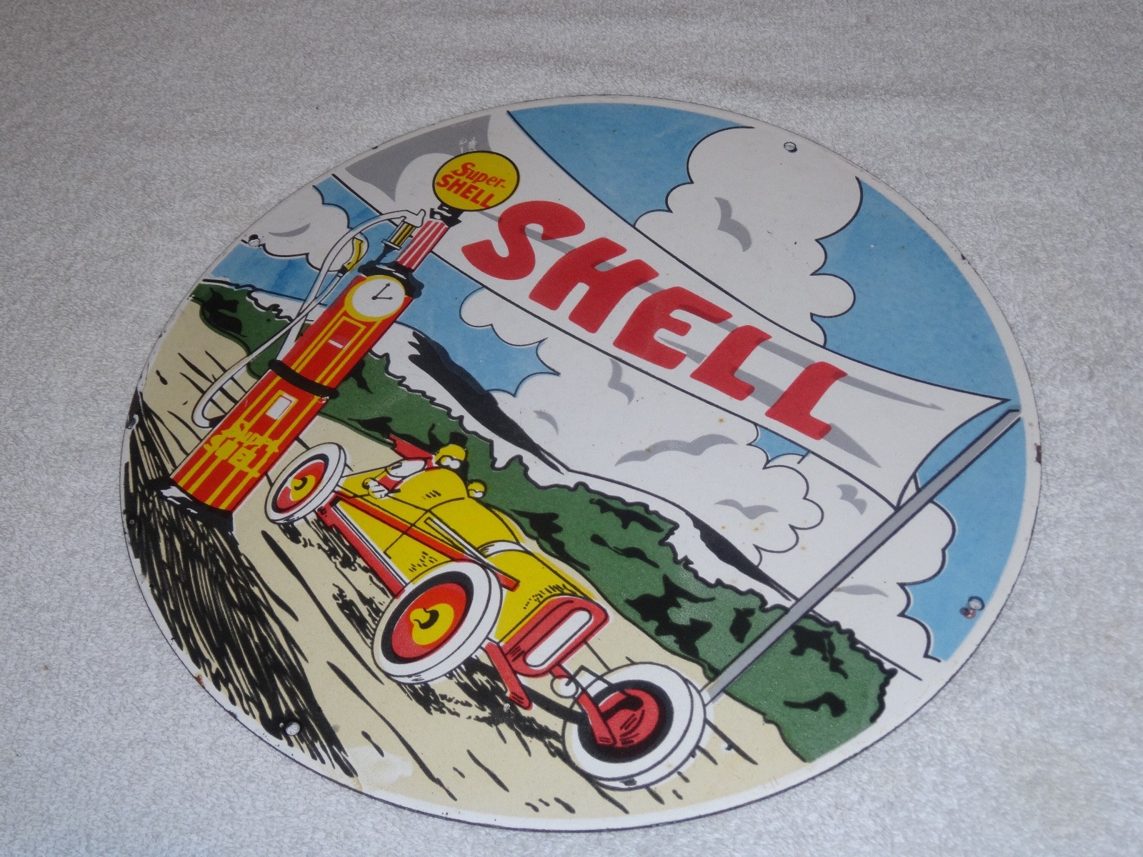 VINTAGE SHELL RACE CAR & VISIBLE GASOLINE PUMP 11 3/4″ PORCELAIN METAL OIL SIGN!