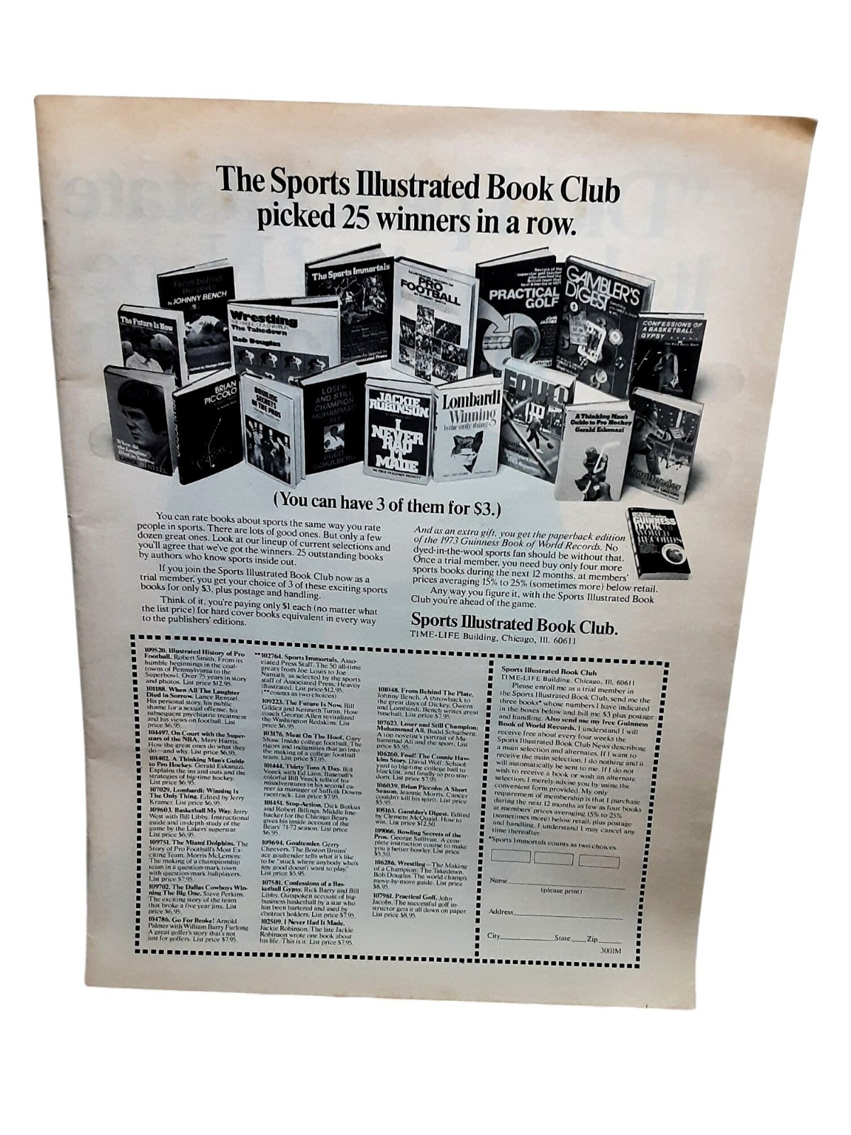 1973 Sports Illustrated Book Club Vintage Print Ad Winning Sports Books