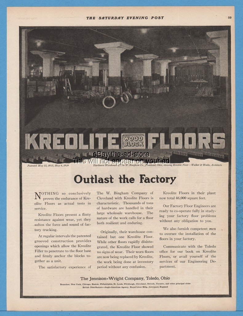 1920 Kreolite Wood Block Floors Jennison Wright Co Toledo OH Factory Print Ad