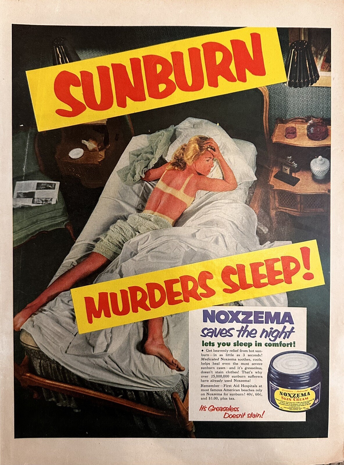 1953 Noxzema Skin Cream Print Ad (Approx. 10.5×14) – Sunburn Murders Sleep