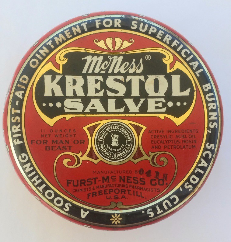 Vintage Furst McNess KRESTOL SALVE (11 oz.) Metal Tin “For Man or Beast” FULL LN